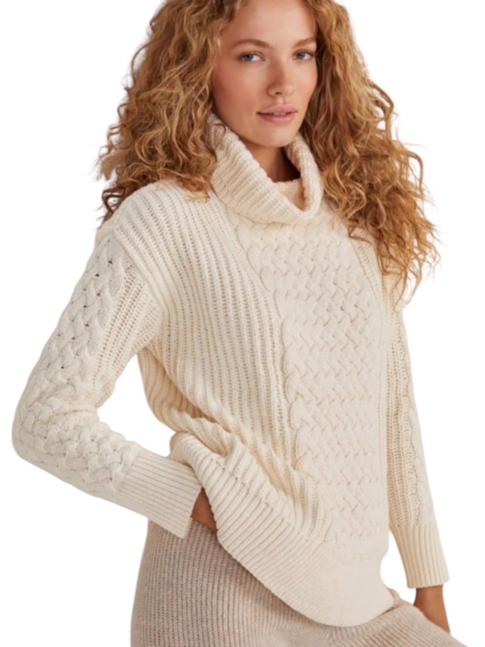 Haven Well Within Braided Cable Knit Sweater Cream Cowl Neck Pullover Medium M